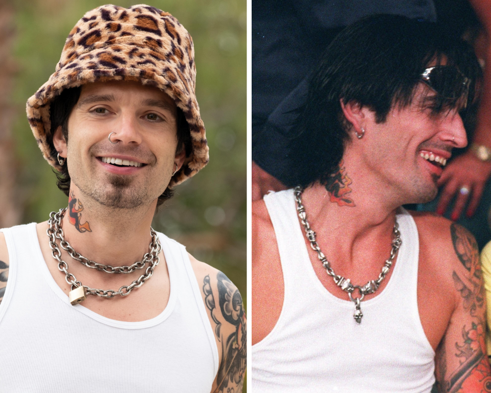 Sebastian Stan, left, portrays Mötley Crüe drummer Tommy Lee in "Pam & Tommy."