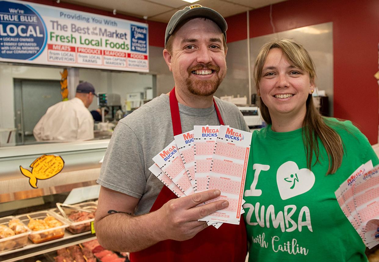 Chris and Rachel Pond, future owners and current management at Lowe's Market & Meat Shop in Northborough, where their store sold a $5.37 million Mass. State Lottery Megabucks ticket, May 7, 2024. It was the first winning ticket in the store since the 1980s, when an $8 million ticket was sold — and then eight weeks later a $700,000 ticket was sold.