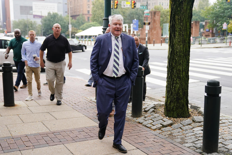 Johnny "Doc" Dougherty walks to the federal courthouse in Philadelphia, Tuesday, Oct. 5, 2021, to face charges in his corruption trial. (AP Photo/Matt Rourke)