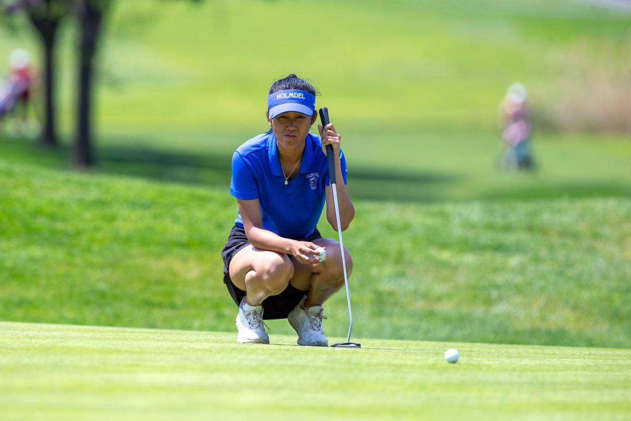 Holmdel's Minna Liang competes during the Shore Conference Tournament at Jumping Brook Country Club in Neptune, NJ Monday, April 29, 2024.
(Credit: Tanya Breen/Asbury Park Press)