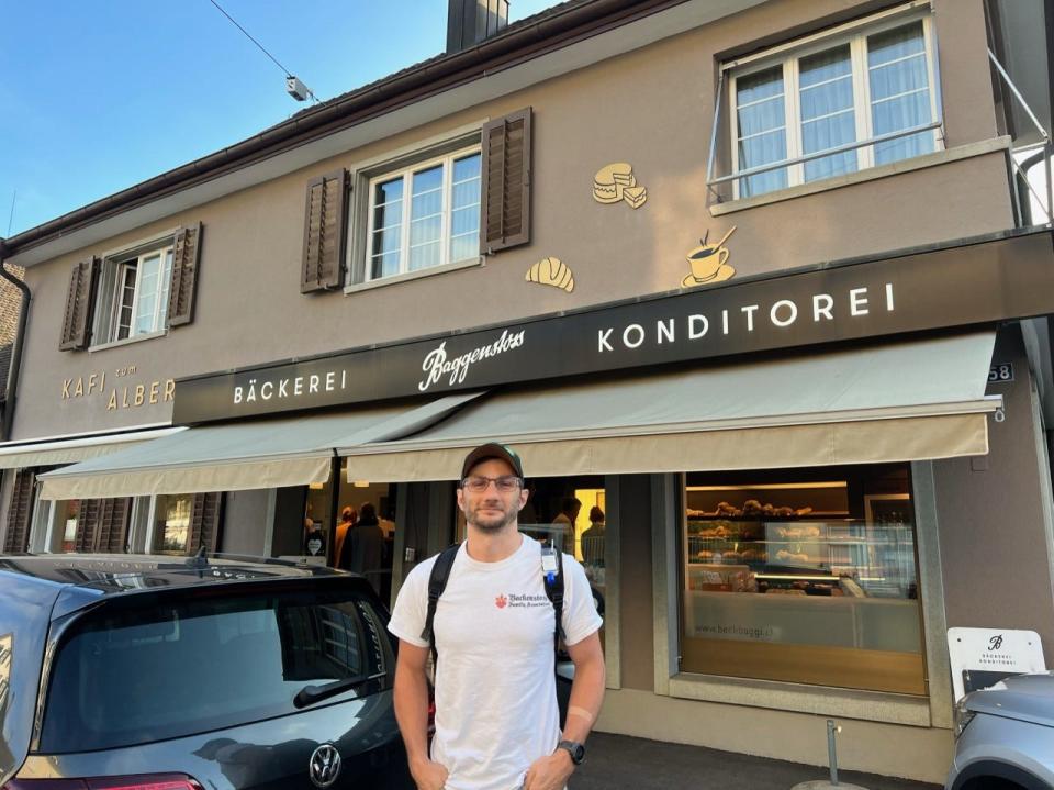 The author outside the Baggenstoss Bakery in Richterswil, near Zurich, Switzerland.