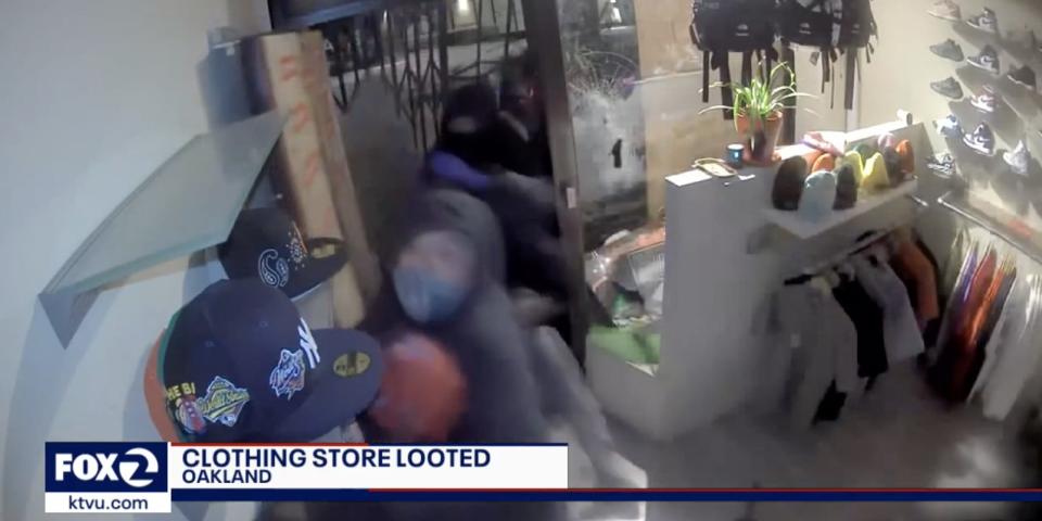 A still from Fox affiliate KTVU showing a security image of an Oakland store being burgled.