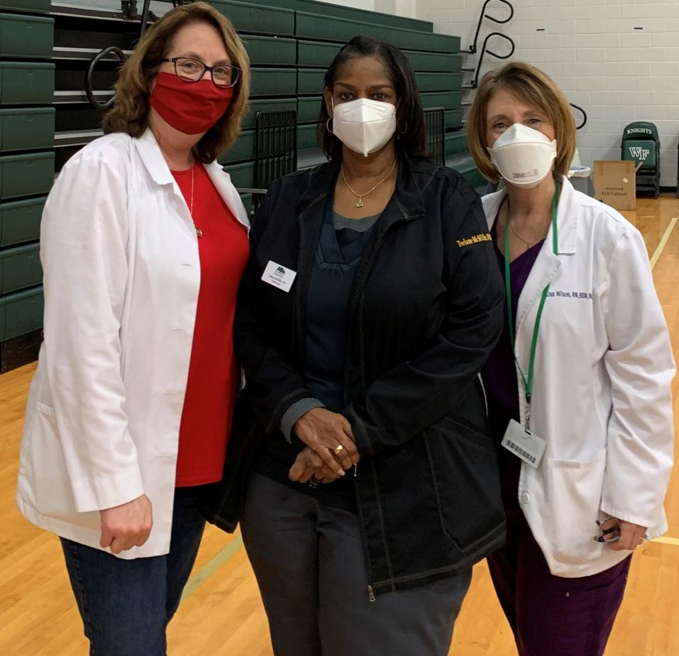 In this file photo from April 2021, the Savannah-Chatham County Public Schools nurse leadership team pauses after a training session. Pictured from left: Christina Chancey, Tselane McMillan, and Lisa Wilson, district nursing administrator.