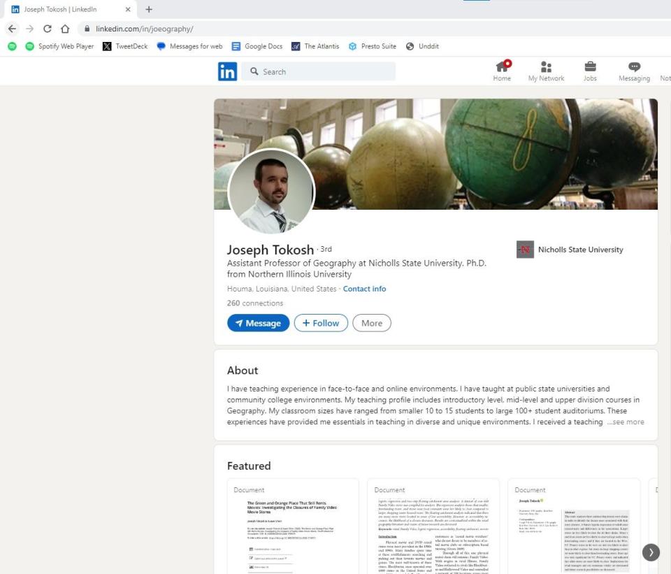 A screenshot of Joseph Tokosh's LinkedIn page in August, which does not list his time on Kent State. The moniker he uses on other social media accounts – "joeography" – appears in a custom url.