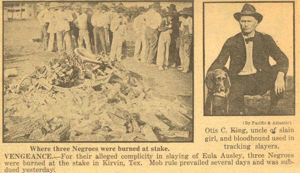 In this image of a May 6, 1922, newspaper, a photo caption reads ‘Where three Negroes were burned at stake’ in Kirvin, Texas. <a href="https://credo.library.umass.edu/view/full/mums312-b167-i048" rel="nofollow noopener" target="_blank" data-ylk="slk:W.E.B. Du Bois Papers;elm:context_link;itc:0;sec:content-canvas" class="link ">W.E.B. Du Bois Papers</a>