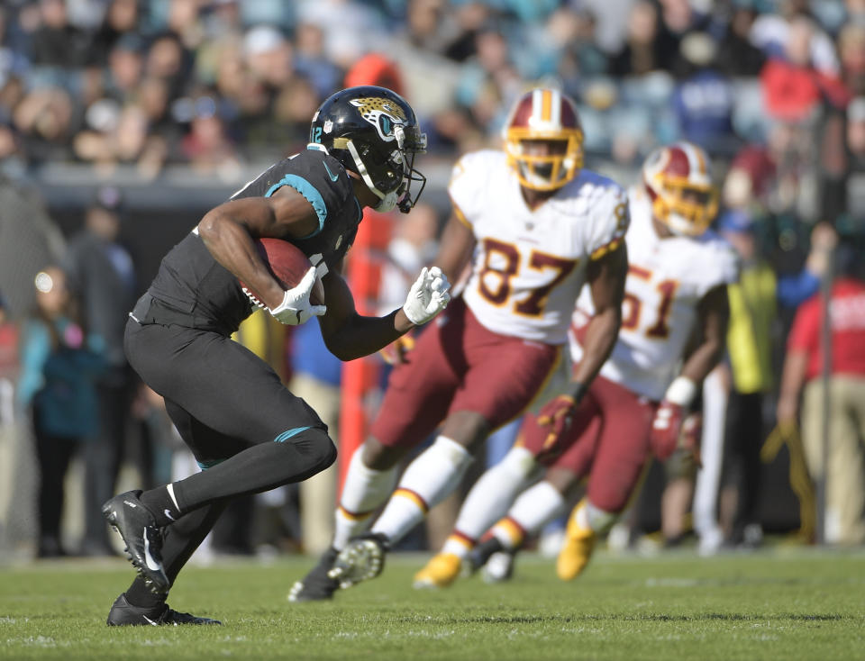 Jacksonville Jaguars’ Dede Westbrook scored a touchdown on a punt return when Byron Westbrook tackled the wrong guy. (AP)