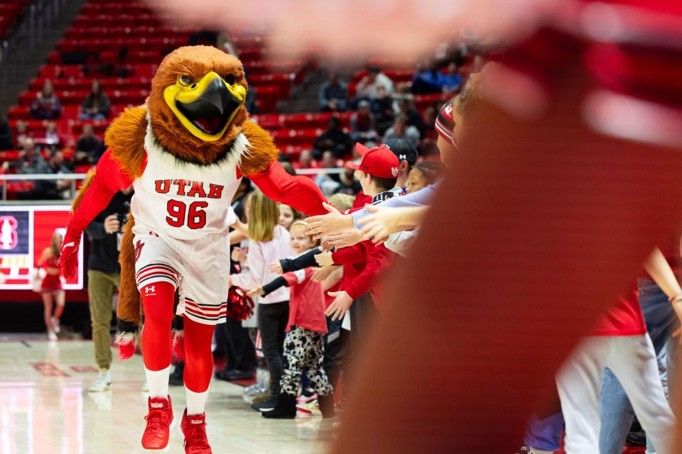 Swoop greets fans before the college women’s basketball game between the Utah Utes and the Stanford Cardinal at the Jon M. Huntsman Center in Salt Lake City on Friday, Jan. 12, 2024. | Megan Nielsen, Deseret News