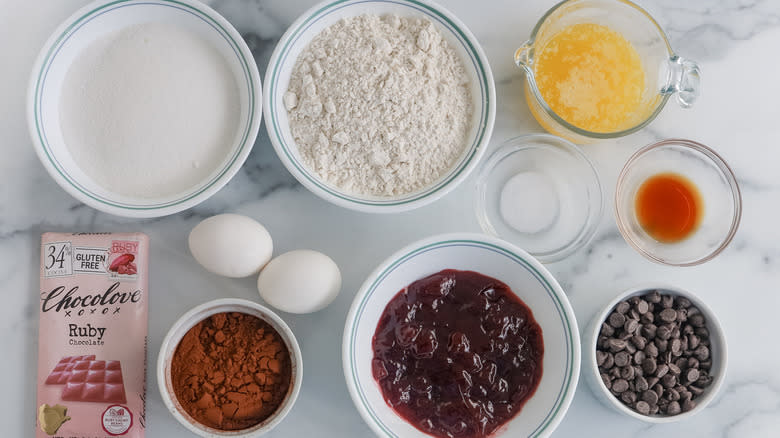 brownie ingredients with raspberry jam