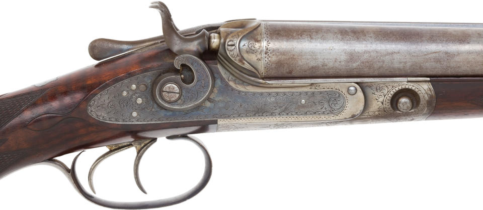 This photo handout, provided by Heritage Auctions, shows a close-up of Annie Oakley’s 12 Gauge Parker Brothers Shotgun, Serial #48767. This is the earliest known of Oakley's "real guns." Relatives of Oakley are selling items that once belonged to the legendary sharpshooter including a Stetson hat, guns, letters and photographs. Heritage Auctions will offer up about 100 items related to Oakley on Sunday in Dallas.(AP Photo/Courtesy of Heritage Auctions)