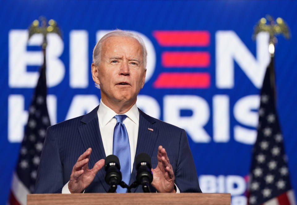 Joe Biden speaks about election results in Wilmington, Delaware, U.S., November 6, 2020. (Kevin Lamarque/Reuters)
