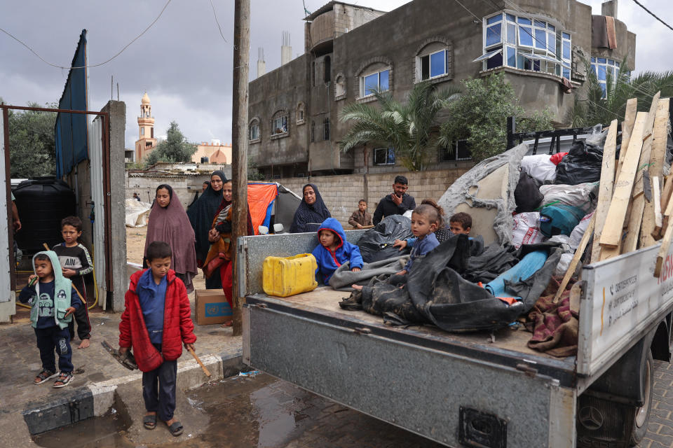 Displaced Palestinians in Rafah, in the southern Gaza Strip, pack their belongings following an evacuation order by the Israeli army, May 6, 2024, amid the ongoing conflict between Israel and the Palestinian group Hamas. / Credit: AFP/Getty