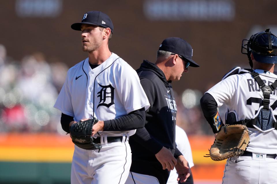 Detroit Tigers starting pitcher Joey Wentz is relieved during the second inning against the Boston Red Sox, Saturday, April 8, 2023, in Detroit.