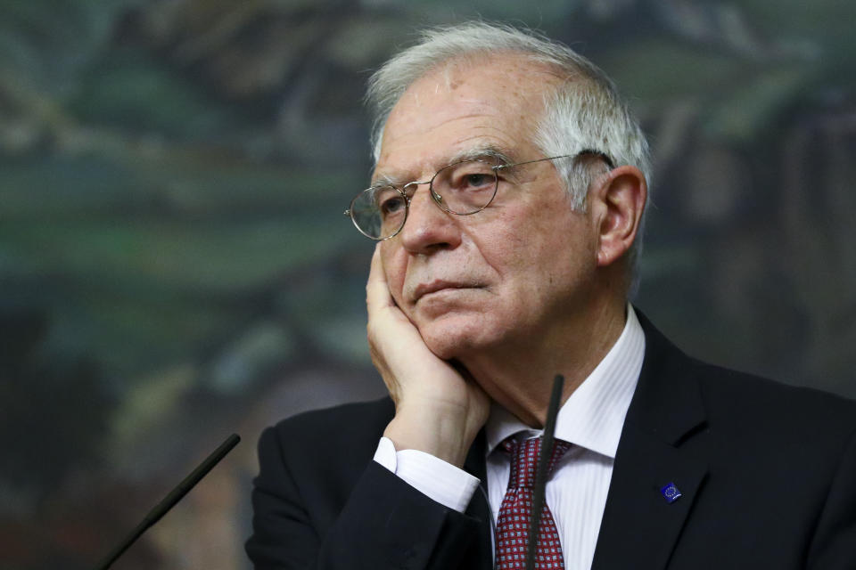 In this photo released by the Russian Foreign Ministry Press Service, High Representative of the EU for Foreign Affairs and Security Policy, Josep Borrell listens during a joint news conference with Russian Foreign Minister Sergey Lavrov following their talks in Moscow, Russia, Friday, Feb. 5, 2021. The European Union's top diplomat told Russia's foreign minister Friday that the treatment of Russian opposition leader Alexei Navalny represents "a low point" in the relations between Brussels and Moscow. EU foreign affairs chief Josep Borrell met with Russian Foreign Minister Sergey Lavrov several days after Navalny was ordered to serve nearly three years in prison, a ruling that elicited international outrage. (Russian Foreign Ministry Press Service via AP)