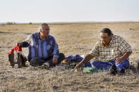 Tribal elders John Allen and Buster Moore prepare for a pipe ceremony to mark the release of three swift foxes onto the Fort Belknap Indian Reservation, on Wednesday, Sept. 28, 2022, near Fort Belknap Agency, Mont. Native species such as swift foxes and black-footed ferrets disappeared from the Fort Belknap Indian Reservation generations ago, wiped out by poisoning campaigns, disease and farm plows that turned open prairie where nomadic tribes once roamed into cropland and cattle pastures. (AP Photo/Matthew Brown)