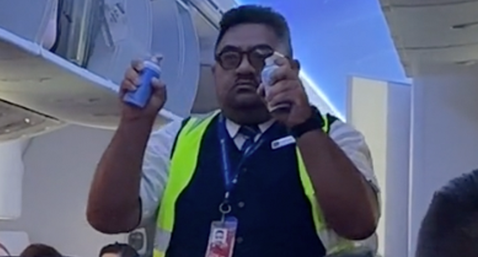 A man wearing a hi-vis vest and glasses using two 'pest control' spray on the plane on Tuesday. 