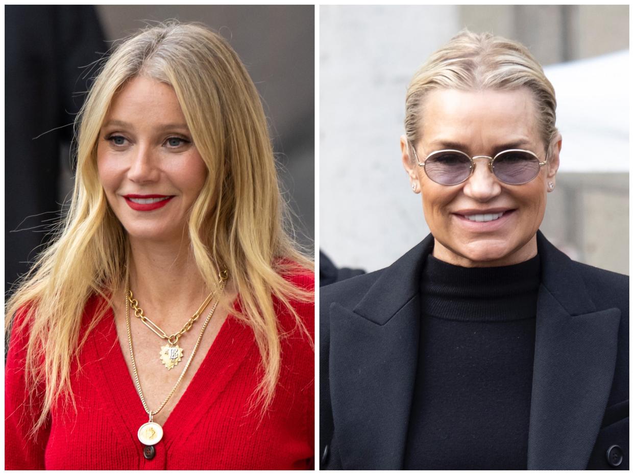 Gwyneth Paltrow outside "Jimmy Kimmel Live" on October 31, 2022, in Los Angeles, California; Yolanda Hadid is seen during Paris Fashion Week on March 3, 2020 in Paris, France.