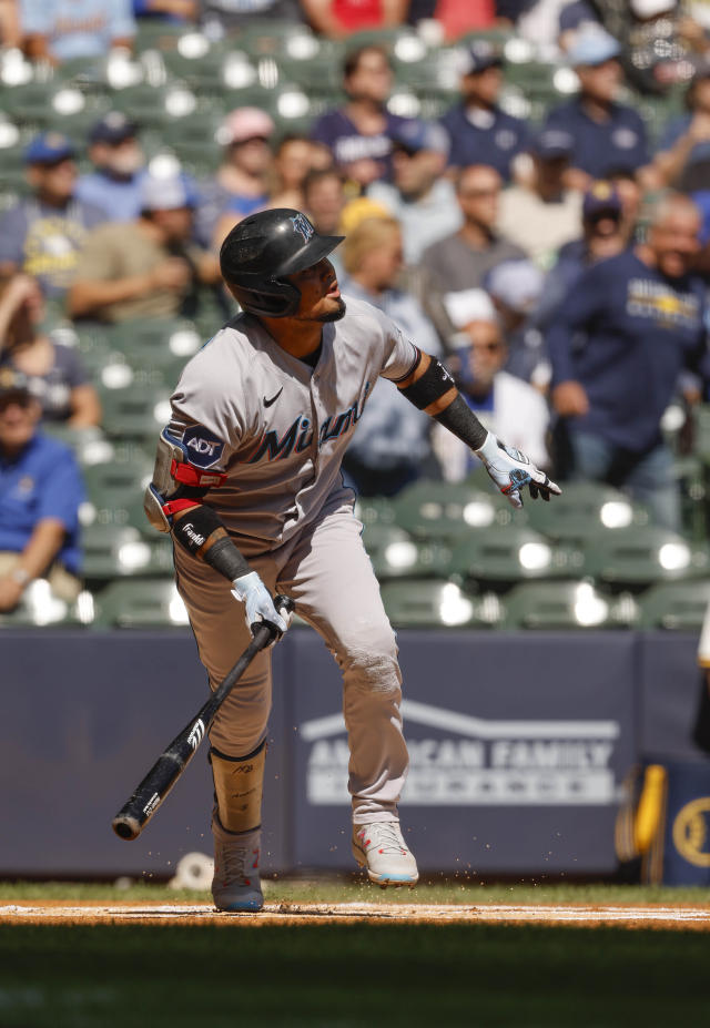 Milwaukee, WI, USA. 16th Apr, 2021. Milwaukee Brewers right fielder Tyrone  Taylor #42 looks toward the Brewers bench after hitting a run scoring  double in the 5th inning of the Major League