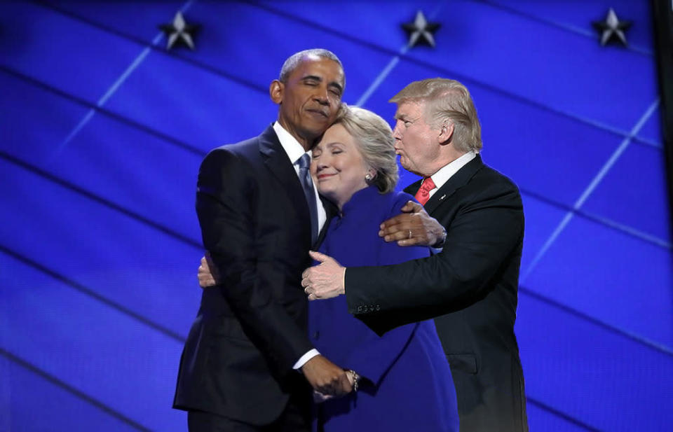 On Reddit, there are numerous edited versions of the image, taking the seemingly sweet moment of Barack Obama and Hillary Clinton for a rollercoaster ride. A Reddit user Clinton tinkered the Republican rivals with this picture: Donald Trump, seemingly kissing her head - and has placed his left hand on a very unsavory location. (Bild-Copyright: Reddit/SanguinePar)