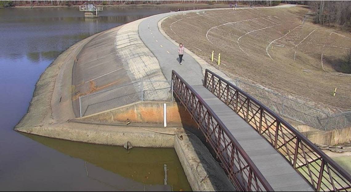 The City of Raleigh started releasing water from Lake Johnson last week in an effort to prepare for heavy rains that are expected Tuesday. This photo, taken from a City of Raleigh camera, shows the lake above the dam on Monday. City of Raleigh Stormwater Management