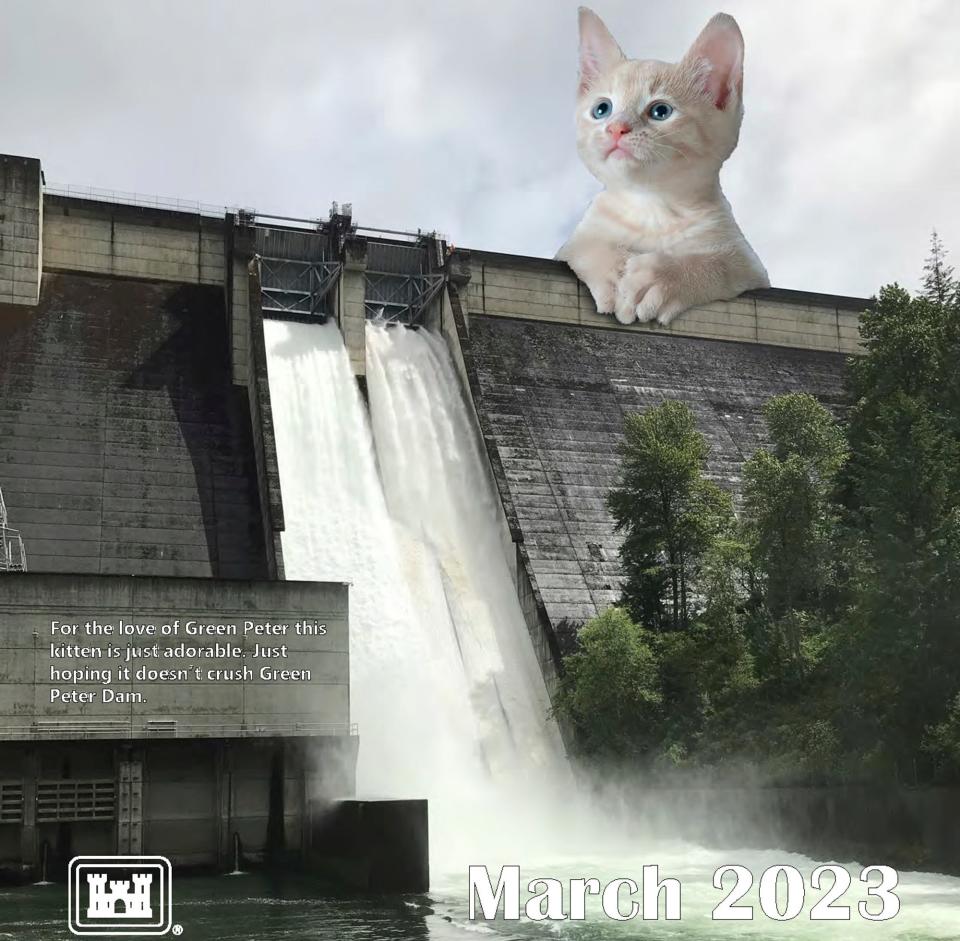 A scene in Sweet Home, Oregon, with cats photoshopped into it was featured in Portland District of the U.S. Army Corps of Engineers' 2023 calendar.