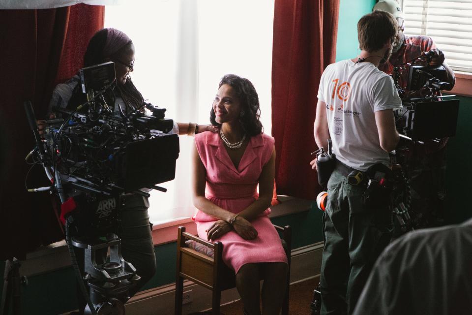 Left to right: Director/Executive Producer Ava DuVernay discusses a scene with Carmen Ejogo (as Coretta Scott King) on the set of “Selma.” Atsushi Nishijima, Paramount Pictures (courtesy)