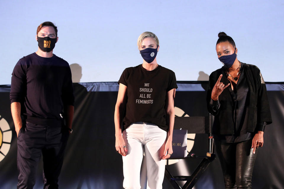 <p>Nicholas Hoult, Charlize Theron and Aisha Tyler appear at the Theron-hosted drive-in screening of <em>Mad Max: Fury Road, </em>sponsored by Heineken 0.0, at The Grove in Los Angeles. The event raised funds for the Charlize Theron Africa Outreach Project.</p>