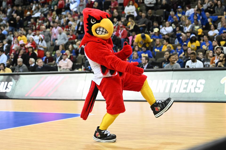 The Louisville Cardinals mascot performs during a break in the match against the Pittsburgh Panthers in the semi-final match at CHI Health Center.