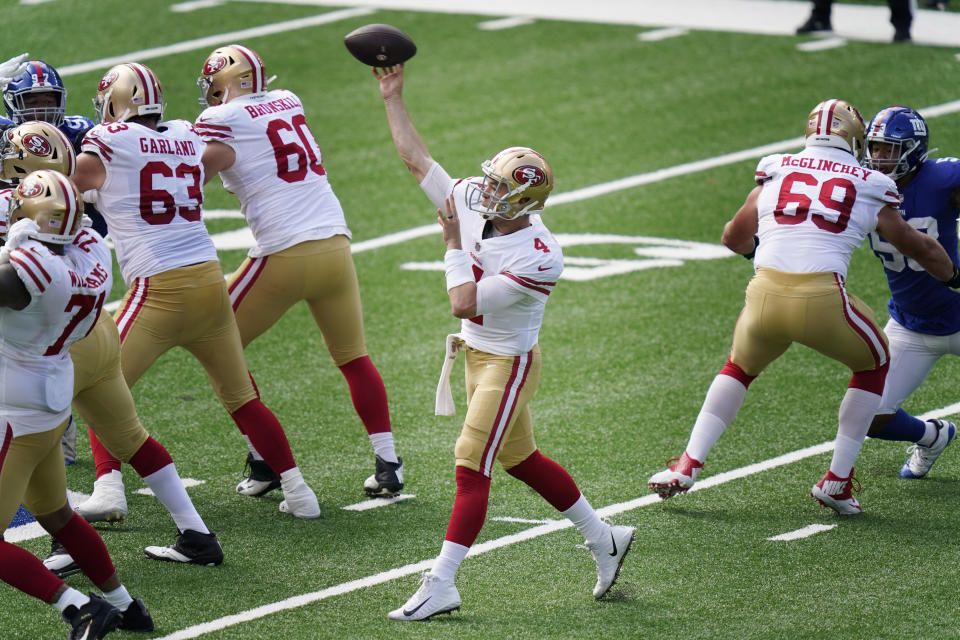 San Francisco 49ers quarterback Nick Mullens throws during the first half of an NFL football game against the New York Giants, Sunday, Sept. 27, 2020, in East Rutherford, N.J. (AP Photo/Corey Sipkin)