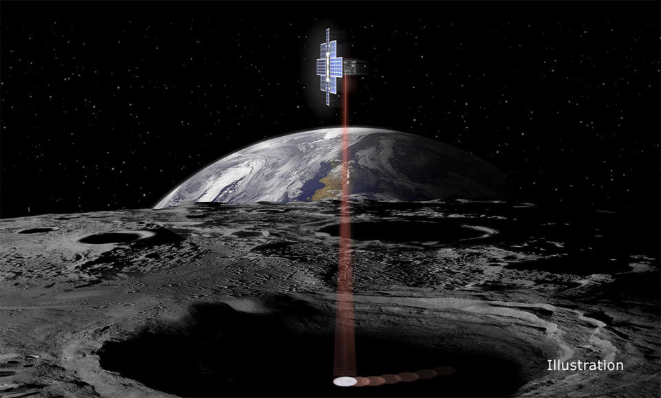 An artist's impression of NASA's Lunar Flashlight orbiter, equipped with infrared lasers to peer into permanently shadowed craters in search of ice deposits that could provide an in situ source of air, water and rocket fuel for future astronauts. / Credit: NASA