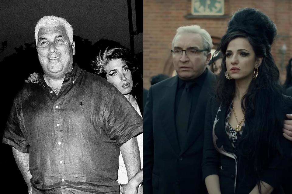 Mitch and Amy Winehouse in a black-and-white photo, and Eddie Marsan and Marisa Abela in the film.