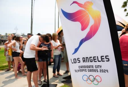 Jul 23, 2016; Los Angeles, CA, USA; Attendees wait in line to view the Los Angeles Olympics candidate city for 2024 booth at the Team USA Road to Rio tour at Venice Beach. Mandatory Credit: Kelvin Kuo-USA TODAY Sports