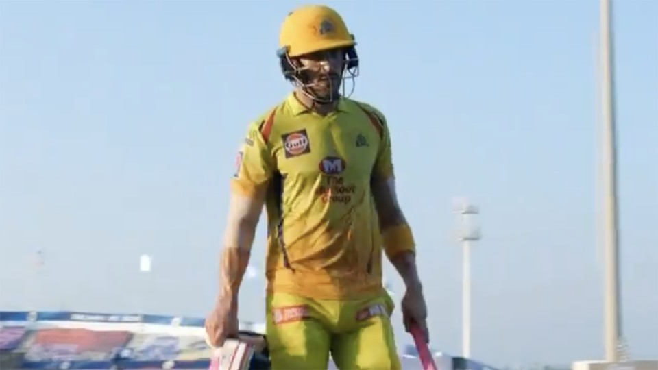 Faf du Plessis walks off the ground after being dismissed for 48 in the Super Kings' successful run chase in the IPL.