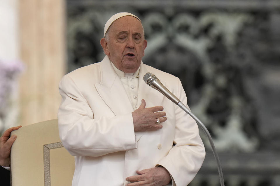 Pope Francis holds his weekly general audience in St. Peter's Square, at the Vatican, Wednesday, April 3, 2024. (AP Photo/Alessandra Tarantino)