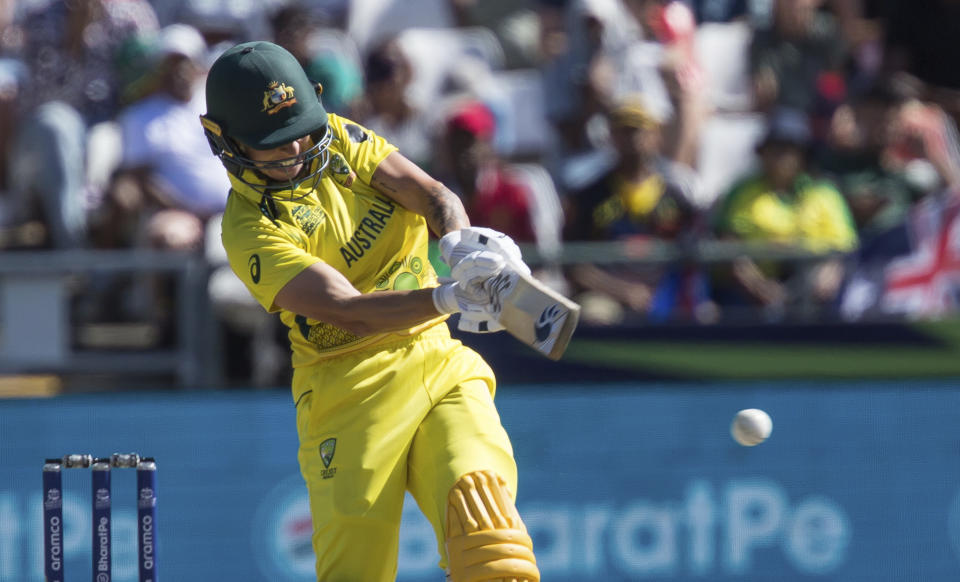 Australia's Ashleigh Gardner makes a shot, during the Women's T20 World Cup semi final cricket match between South Africa and Australia, in Cape Town, South Africa, Sunday Feb. 26, 2023. (AP Photo/Halden Krog)