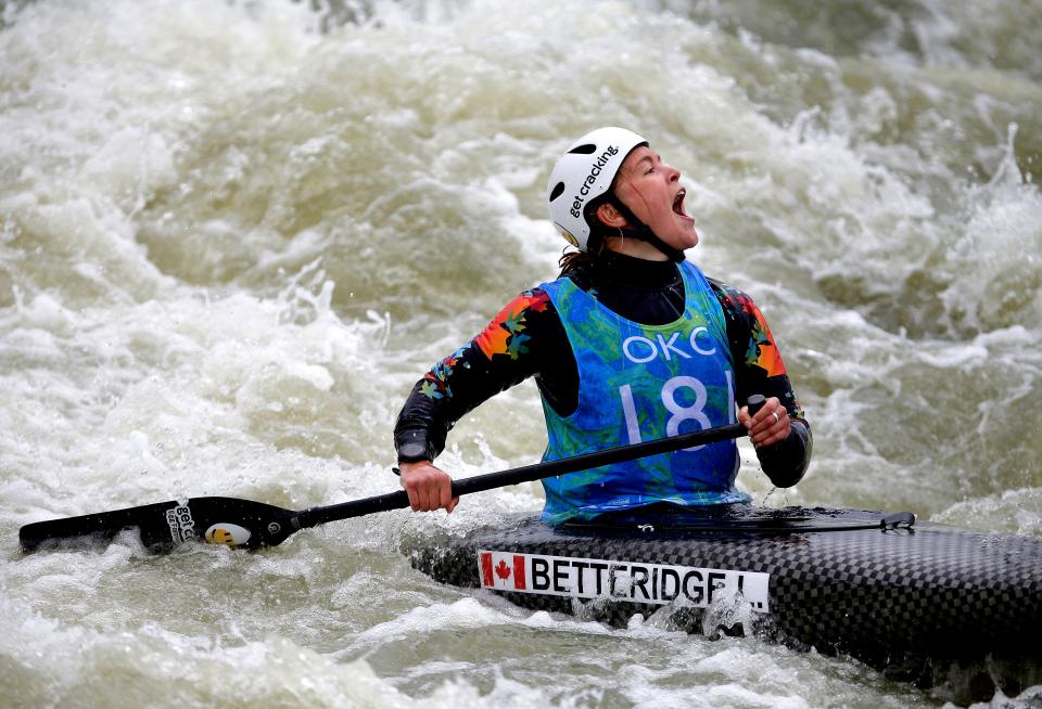 Lois Betteridge of Canada celebrates her run during the 2022 Pan American Canoe Slalom Championships that also included the 2022 USA U23/Sr Canoe Slalom National Team Trials and the 2022 Canadian Canoe Slalom National Team Trials at the RIVERSPORT Rapids in Oklahoma City, Saturday, May, 7, 2022. 