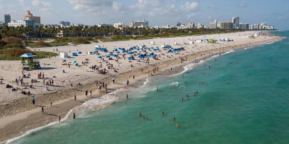 Aerial view of South Beach during spring break on Friday, March 15, 2024, in Miami Beach.