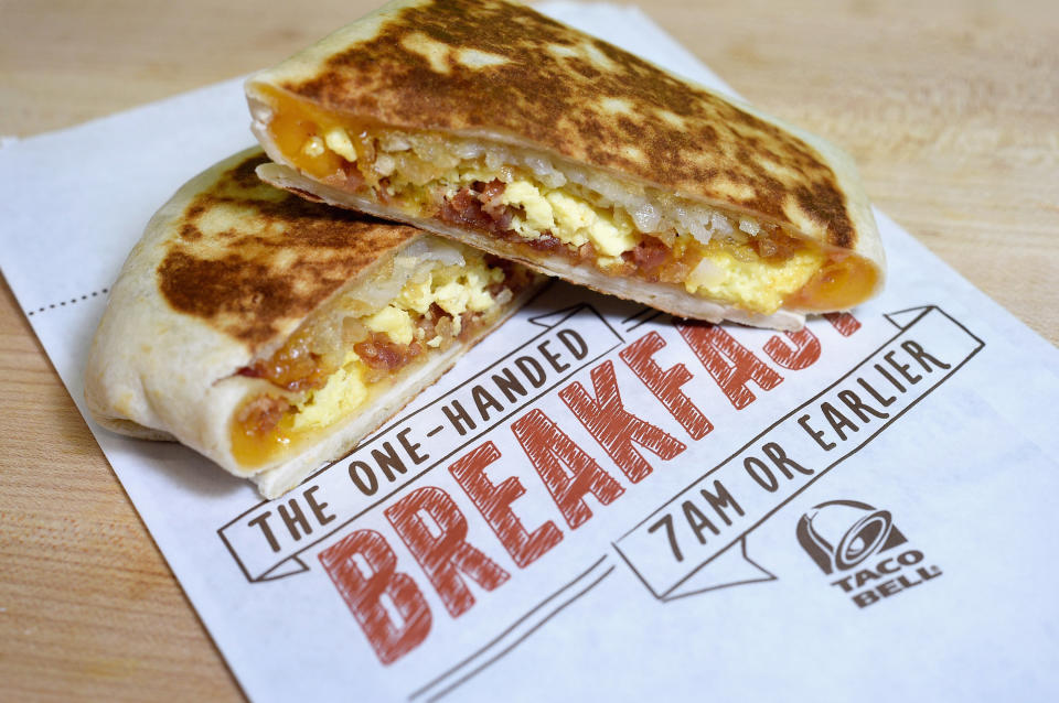 IRVINE, CA - SEPTEMBER 12:  The Breakfast Crunchwrap is a staple on Taco Bell's breakfast menu.  (Photo by Joshua Blanchard/Getty Images for Taco Bell)