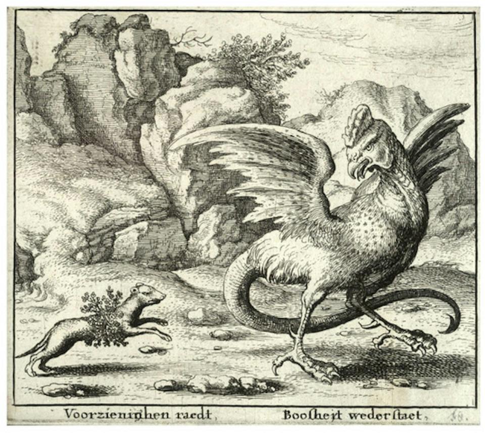 17th century etching of a weasel and a basil in conflict