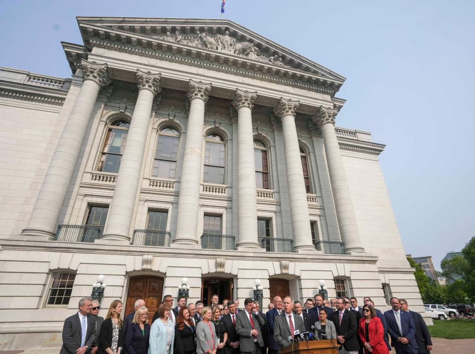 Assembly Speaker Robin Vos and other members of the assembly seen during the Assembly Republican presser discussing the shared bipartisan revenue proposal giving more state aid to local communities Wednesday, May 17, 2023, at 2 E. State Capitol in Madison, Wis.