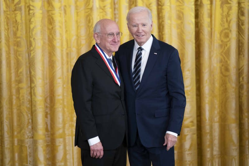 President Joe Biden awards Steven Rosenberg the National Medal of Technology and Innovation at the White House in Washington, DC on Tuesday. Rosenberg was recognized for his role in advancing a treatment method that harnesses the patient's immune system to combat cancer. Photo by Bonnie Cash/UPI