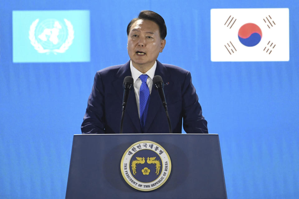 South Korean President Yoon Suk Yeol speaks during a ceremony of the 70th Anniversary of the Korean War armistice agreement on Thursday, July 27, 2023, in Busan, South Korea. (Kim Min-Hee/Pool Photo via AP)