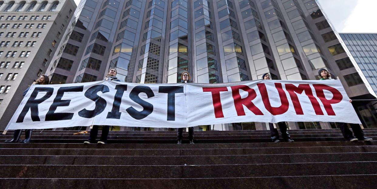 Protestors outside 555 California Street in San Francisco.