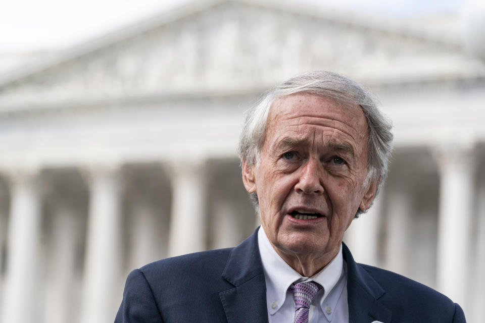 FILE - Sen. Ed Markey, D-Mass., speaks about climate change during a news conference on Capitol Hill, Oct. 7, 2021, in Washington. (AP Photo/Alex Brandon, File)