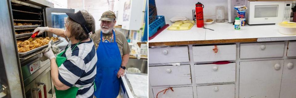 Primera imagen: la cocinera en jefe Becky Harbaugh y el cocinero Rick Palmer preparan la comida para el almuerzo. Segunda imagen: en la cocina de la escuela primaria, los cajones y los gabinetes tienen trozos de cuerda en lugar de asas. Tercera imagen: los alumnos tienen que llevar sus bandejas por una estrecha escalera y un pasillo hasta la cafetería. Sarah A. Miller/smiller@idahostatesman.com