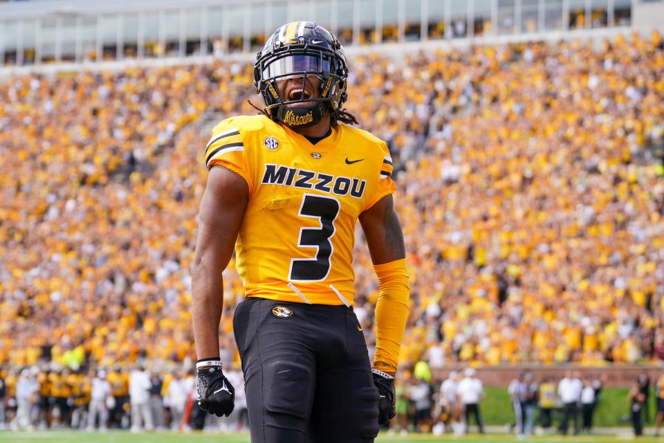 Sep 14, 2024; Columbia, Missouri, USA; Missouri Tigers wide receiver Luther Burden III (3) celebrates after scoring a touchdown against the Boston College Eagles during the first half at Faurot Field at Memorial Stadium. Mandatory Credit: Denny Medley-Imagn Images