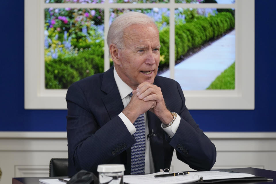 President Joe Biden speaks during a meeting with business leaders about the debt limit in the South Court Auditorium on the White House campus, Wednesday, Oct. 6, 2021, in Washington. (AP Photo/Evan Vucci)
