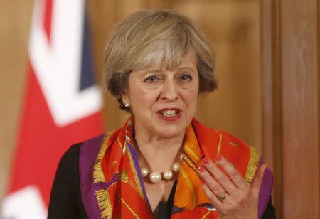 Britain's Prime Minister Theresa May and her Polish counterpart Beata Szydlo (UNSEEN) hold a joint news conference in 10 Downing Street in central London, Britain November 28, 2016. REUTERS/Peter Nicholls