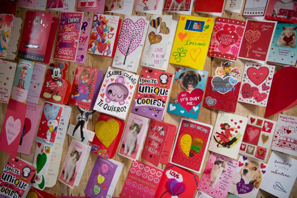 A board with over 100 Valentine's Day Cards outside of Carly Saal's First Grade Class  at Haledon Public School