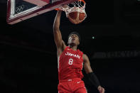 Japan's Rui Hachimura (8) scores during men's basketball preliminary round game against Argentina at the 2020 Summer Olympics, Sunday, Aug. 1, 2021, in Saitama, Japan. (AP Photo/Eric Gay)