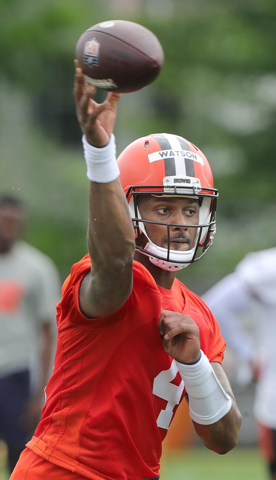 Cleveland Browns quarterback Deshaun Watson throws a pass during minicamp on Tuesday, June 14, 2022 in Berea.